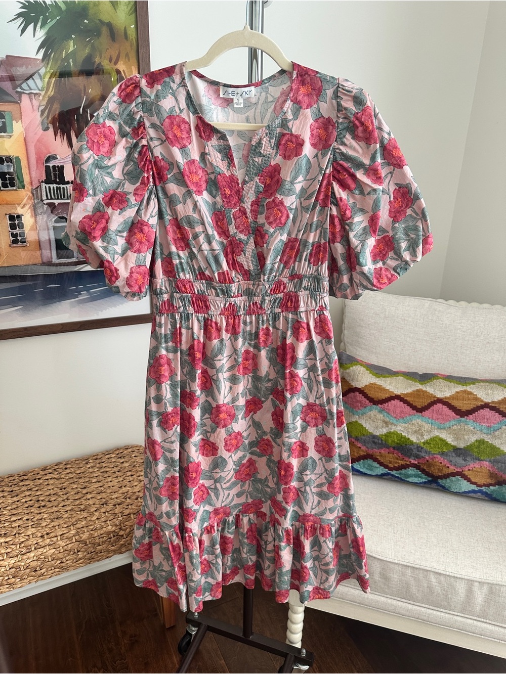She + Sky Pink Floral Puff-Sleeve Dress with Green Leaves